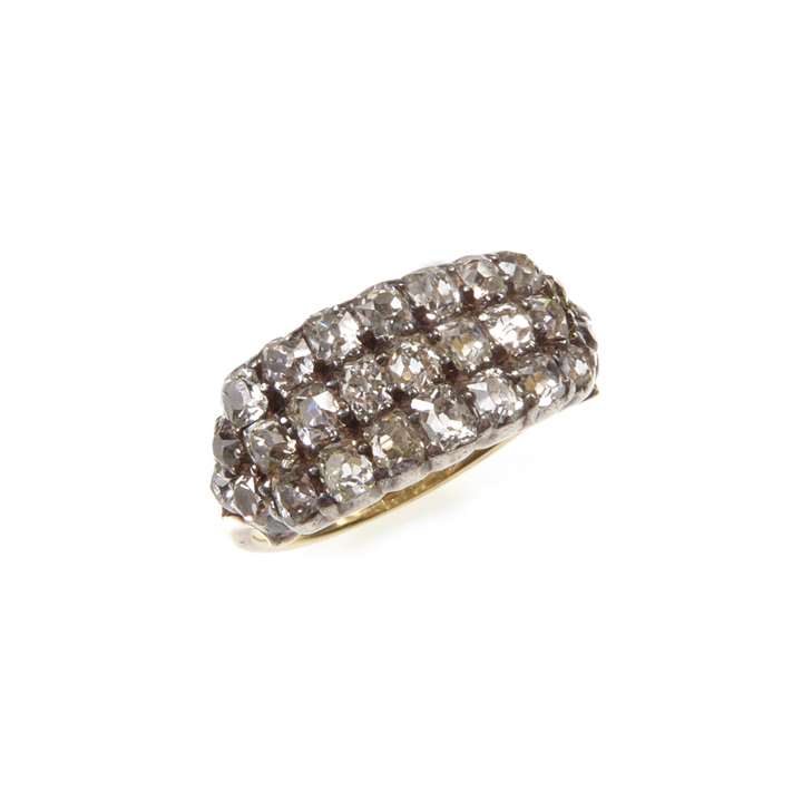 Three row cushion cut diamond half-hoop ring